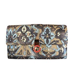 Uterque Brown, Tan, Blue Sheepskin Multipocket Geometric Floral Clutch Wallet